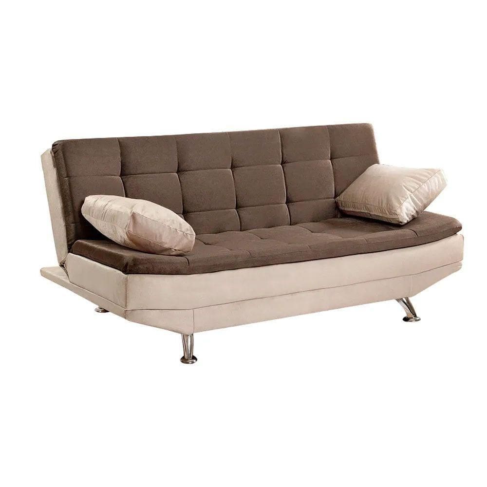 Sofá Cama Valencia 3 Lugares Reclinável Veludo Bege Marfim E Marrom Chocolate - Star Confort Bege Marfim E Marrom Chocolate