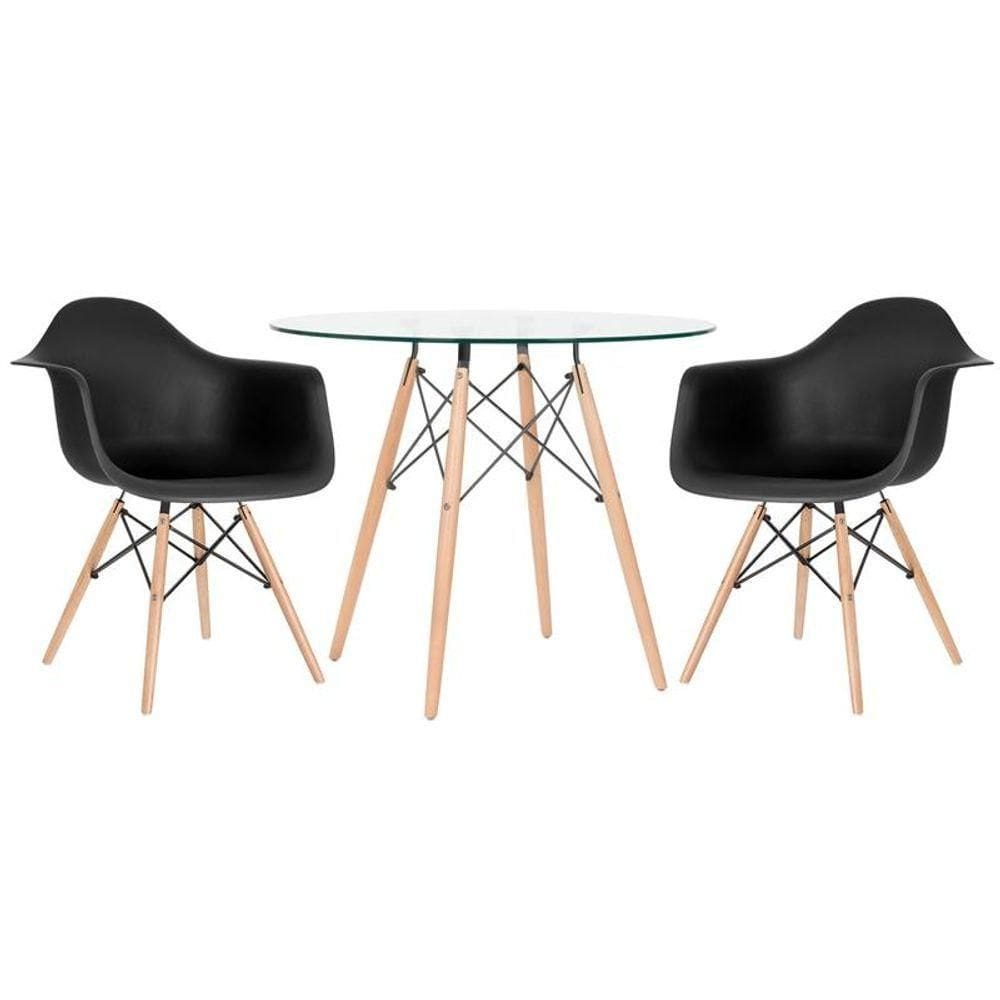 Mesa Redonda Tampo De Vidro 90 Cm + 2 Cadeiras Preto