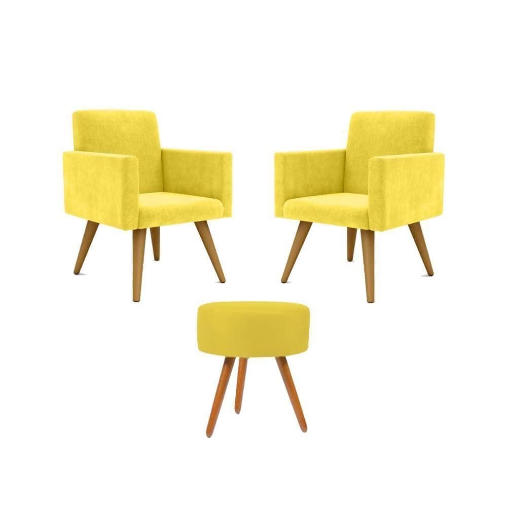 Jogo 02 Poltronas Decorativas + Puff Redondo Cor: Amarelo