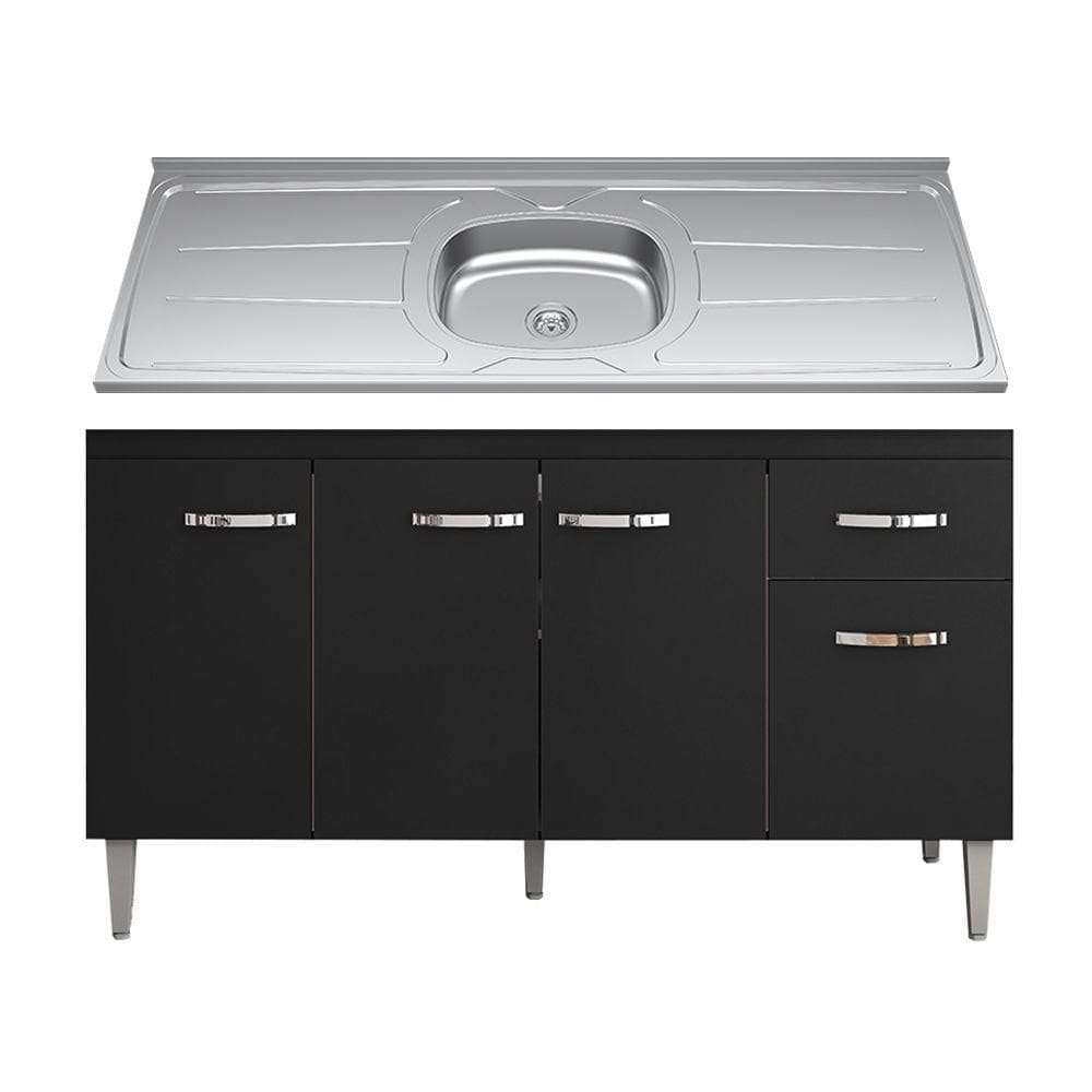 Balcão Gabinete Com Pia Inox 150cm 4 Portas E 1 Gaveta Gabriela Preto - Ajl Móveis