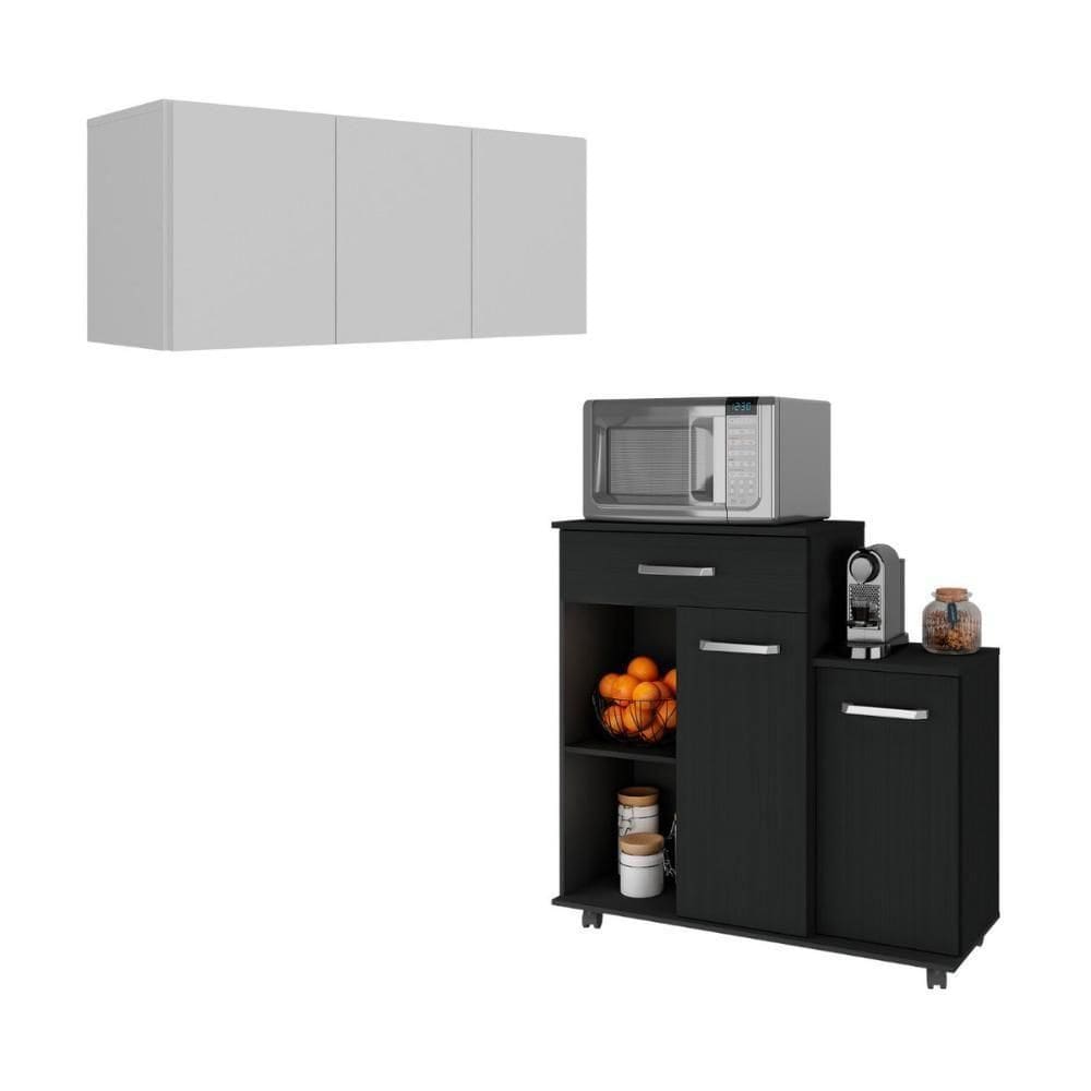 Kit Armário De Cozinha 3 Portas Com Balcão Multiuso Multimóveis Mp2234 Branco-preto Branco-preto