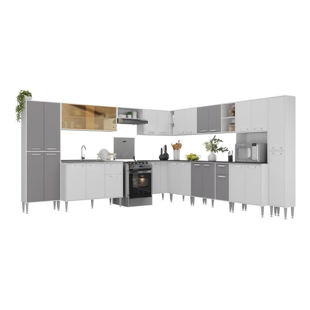 Armário De Cozinha Modulada 12 Pçs Com Balcão De Pia Siena Multimóveis Mp2240 Branco-lacca Fumê
