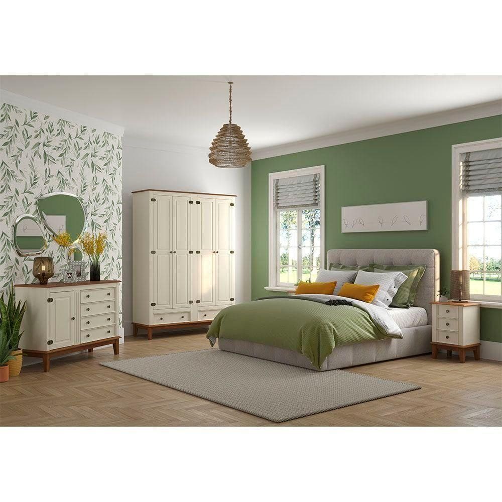 Conjunto Guarda-roupa Rústico 4 P E 2 G E Cômoda 4 G + 1 P De Madeira Maciça E Mdf Off White