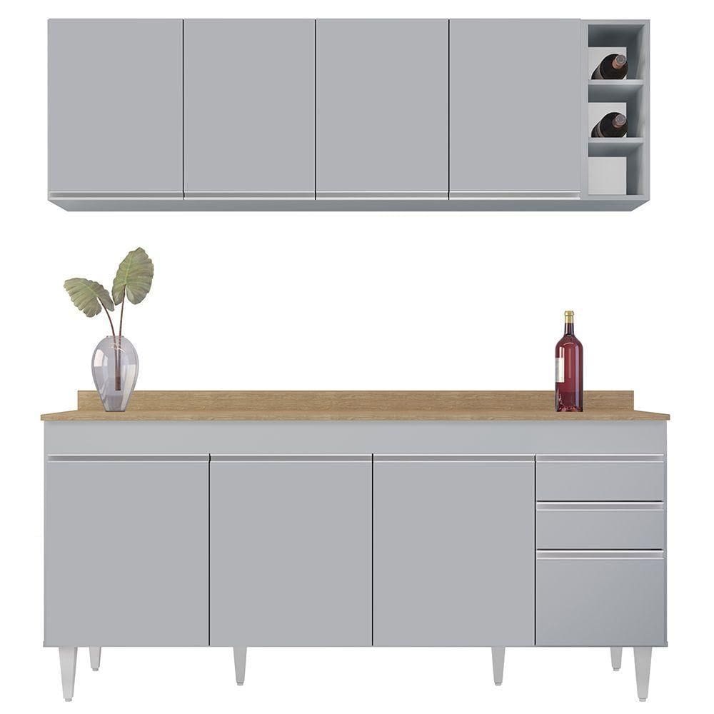 Armário De Cozinha Nevada E Balcão 180cm Com Tampo Dallas Cinza Claro-castanho - Lumil