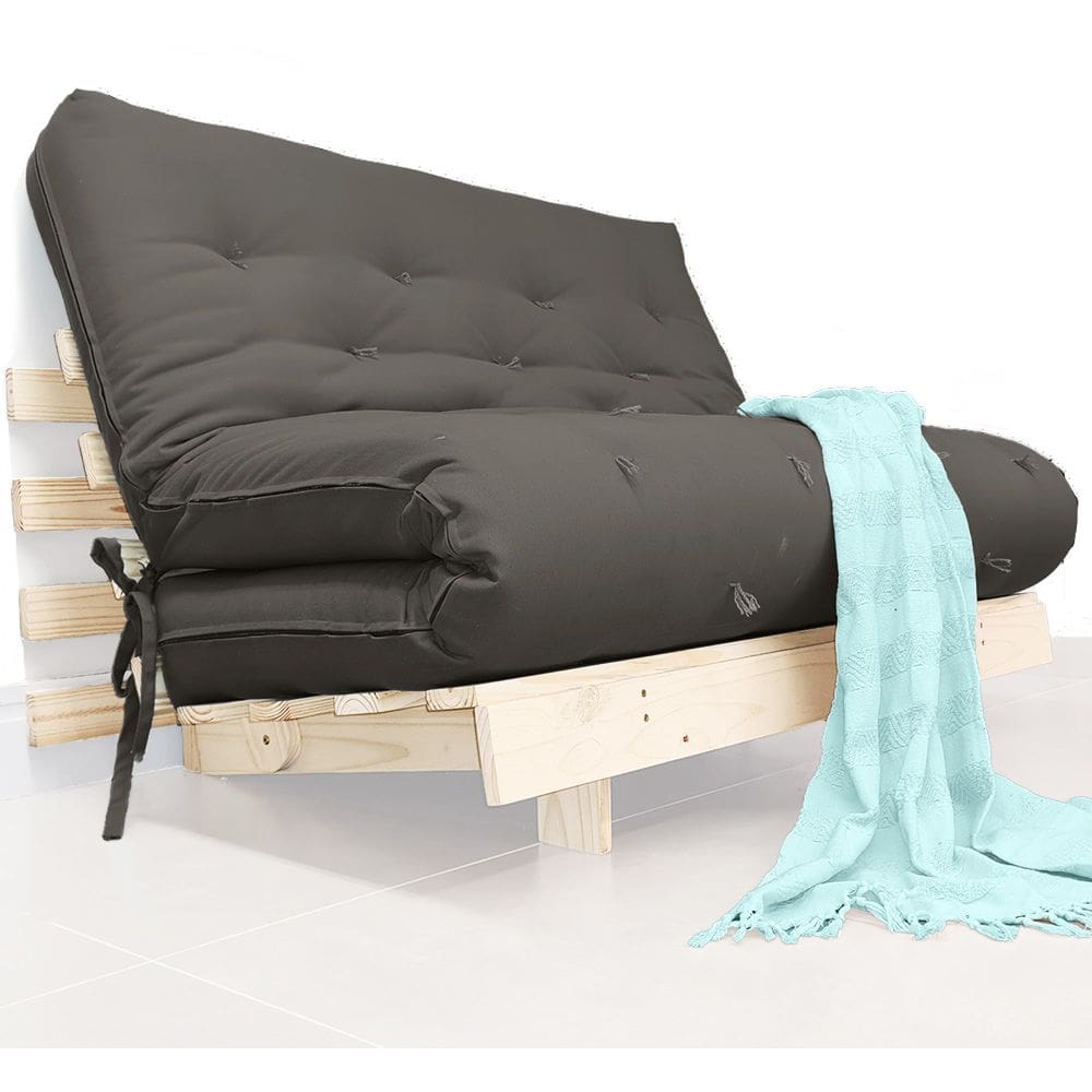 Futon Casal Tokio Sofa Cama Cinza escuro Impermeável Com Madeira Maciça