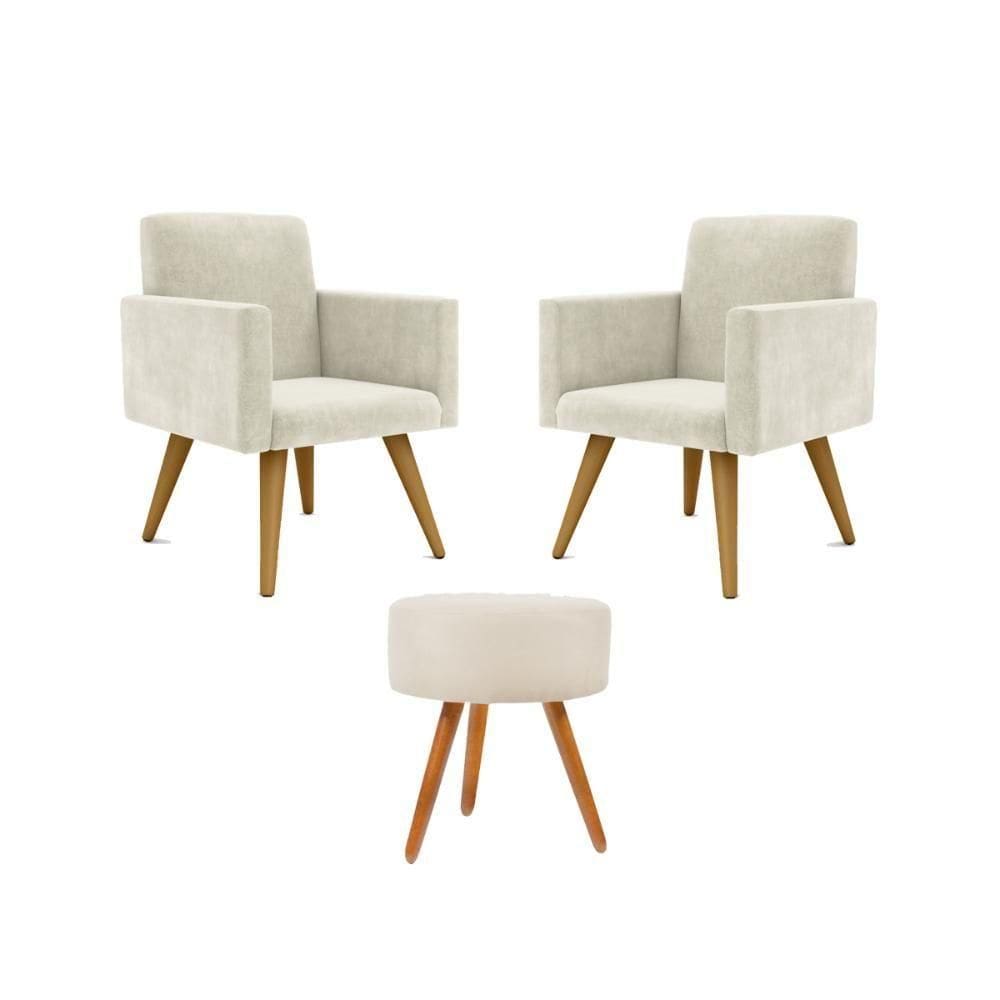 Jogo 02 Poltronas Decorativas + Puff Redondo Cor: Bege