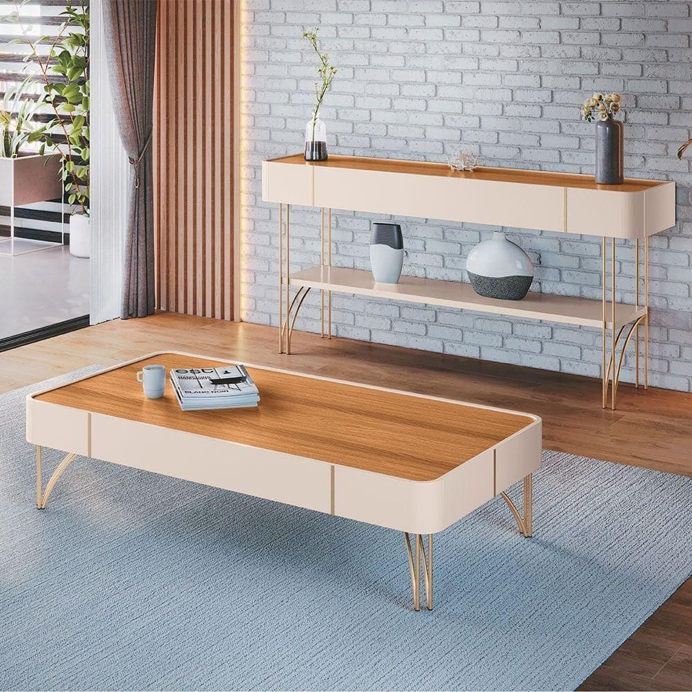 Conjunto Decorativo Aparador E Mesa De Centro Rennes Mdp-mdf Pés De Aço Off White-cinamomo G26