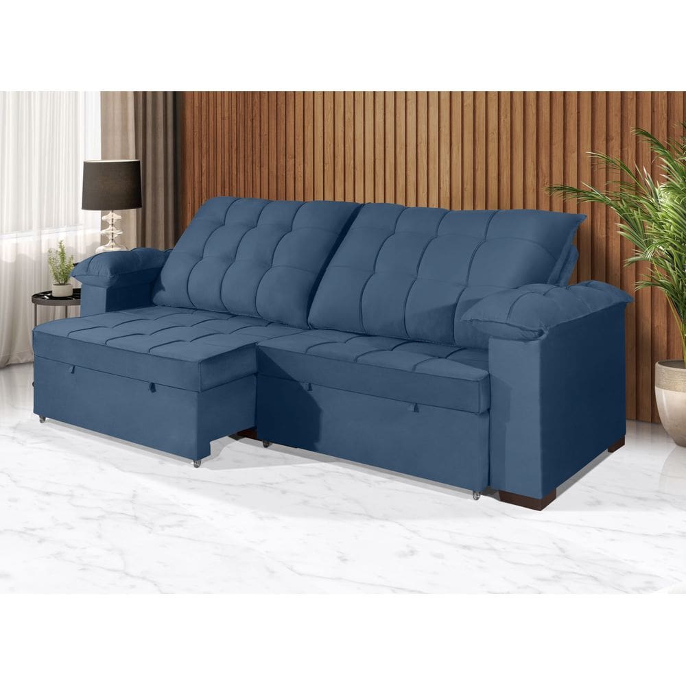 Sofá Retrátil e Reclinável 2,30m Canadá ESTILO ESTOFADOS - Sude Veludo cor "Azul"