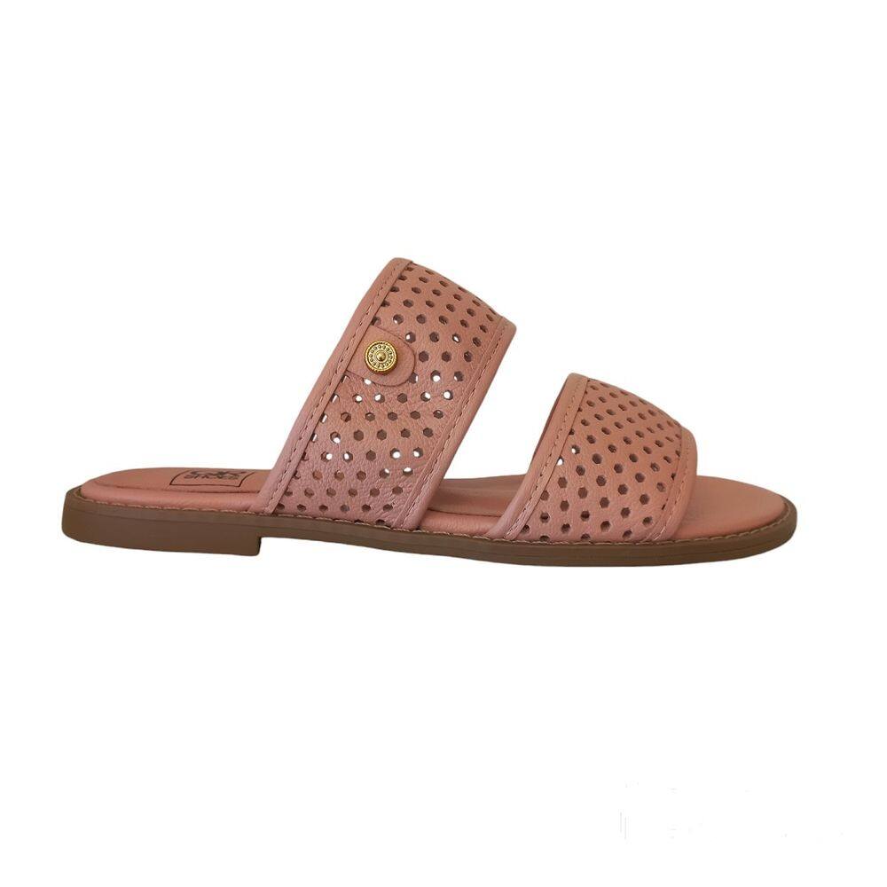 Rasteira Feminina Sandália Slide Duas Tiras em Couro Rosa