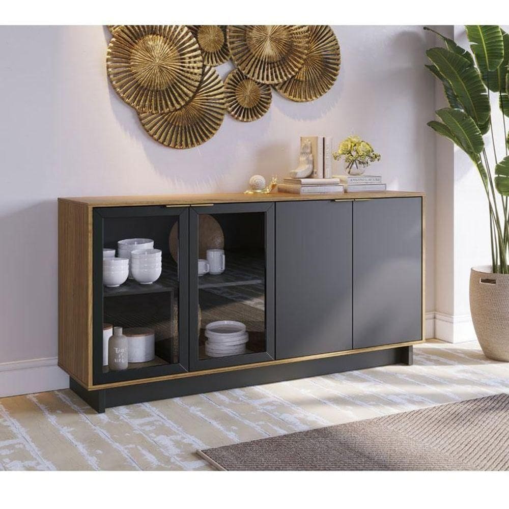Aparador Para Sala Buffet Ambiente Vitória Noce Milano Preto Acetinado - Colibri