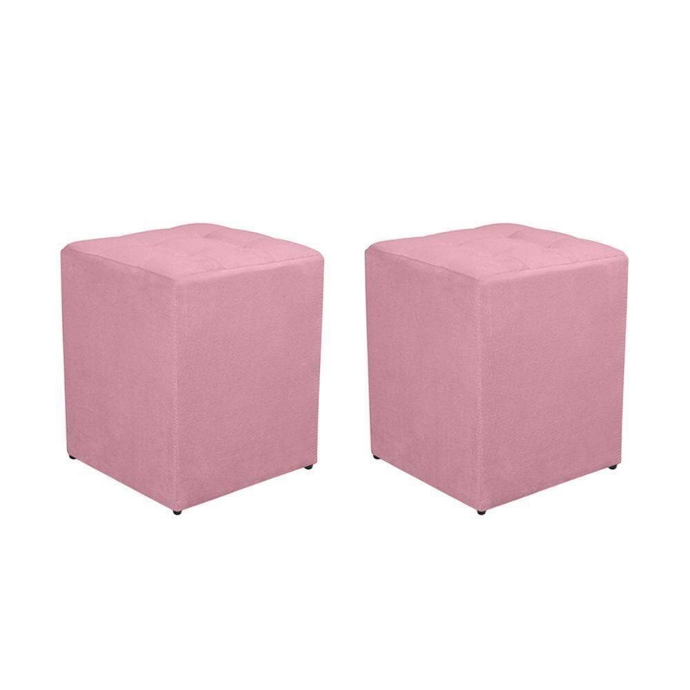 Kit 2 Puff Quadrado Decorativo Suede Cor:rosa