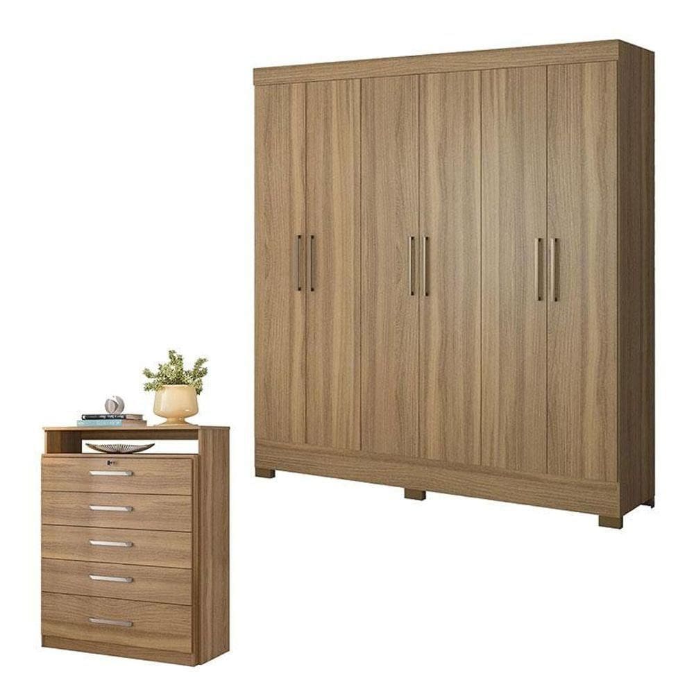 Cômoda Triunfo E Guarda Roupa Casal Prático Amêndola Touch - Demóbile