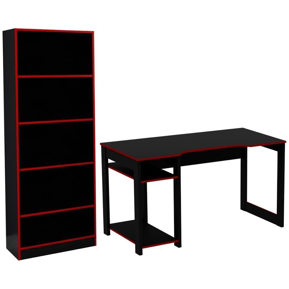 Conjunto Mesa Armario Gamer Me4141 Me4152 Preto Vermelho