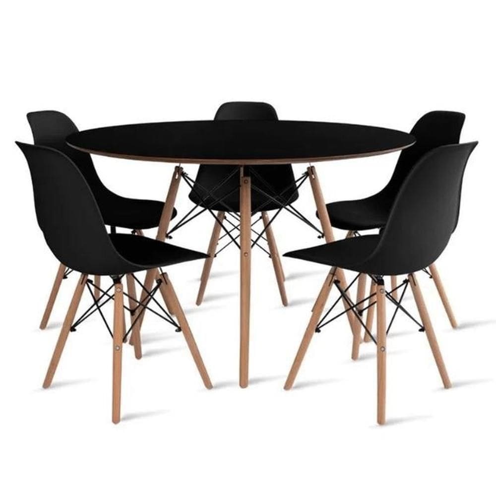 Conjunto De Mesa De Jantar Eames Eiffel Redonda 110cm Tampo De Madeira Preto Com 5 Cadeiras Pretas