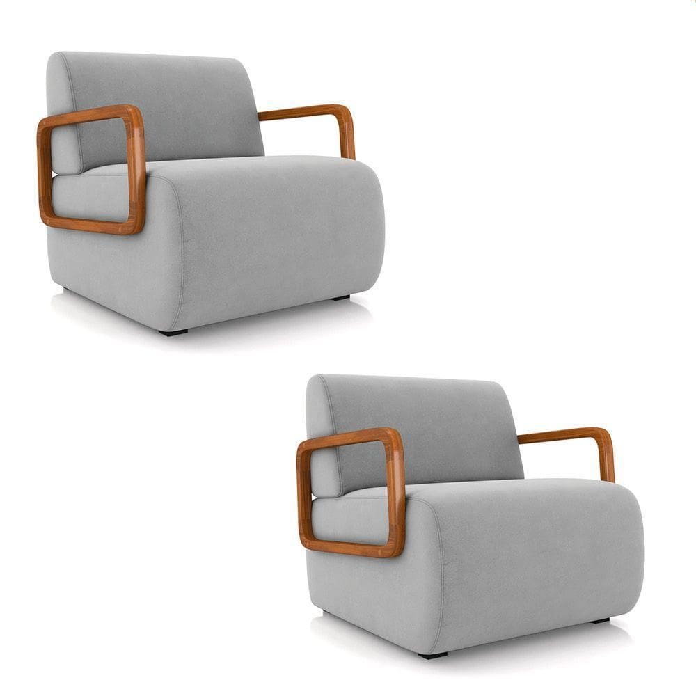 Poltrona Sala De Estar Braço De Madeira Kit 2 Hellen Veludo K01 - D`rossi Cor Cinza