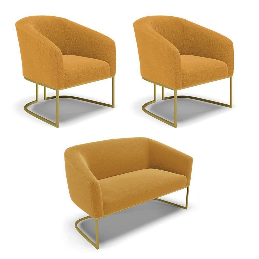 Namoradeira E 2 Poltronas Industrial Dourado Stella Bouclê Mosta D03 - D`rossi