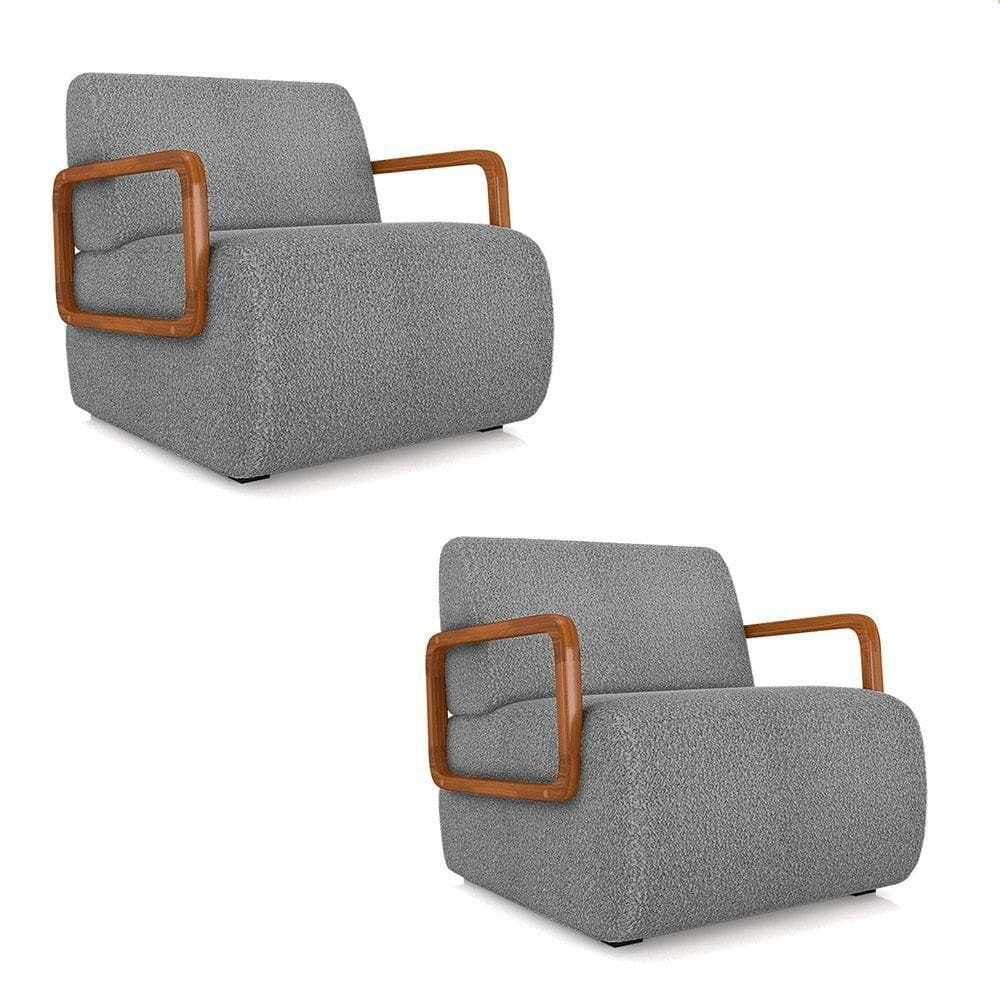 Poltrona Sala De Estar Braço De Madeira Kit 2 Hellen Bouclê K01 - D`rossi Cor Cinza
