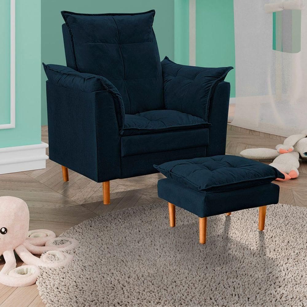 Poltrona De Amamentação Com Puff Quarto De Bebê Liz Suede Cor:azul Marinho