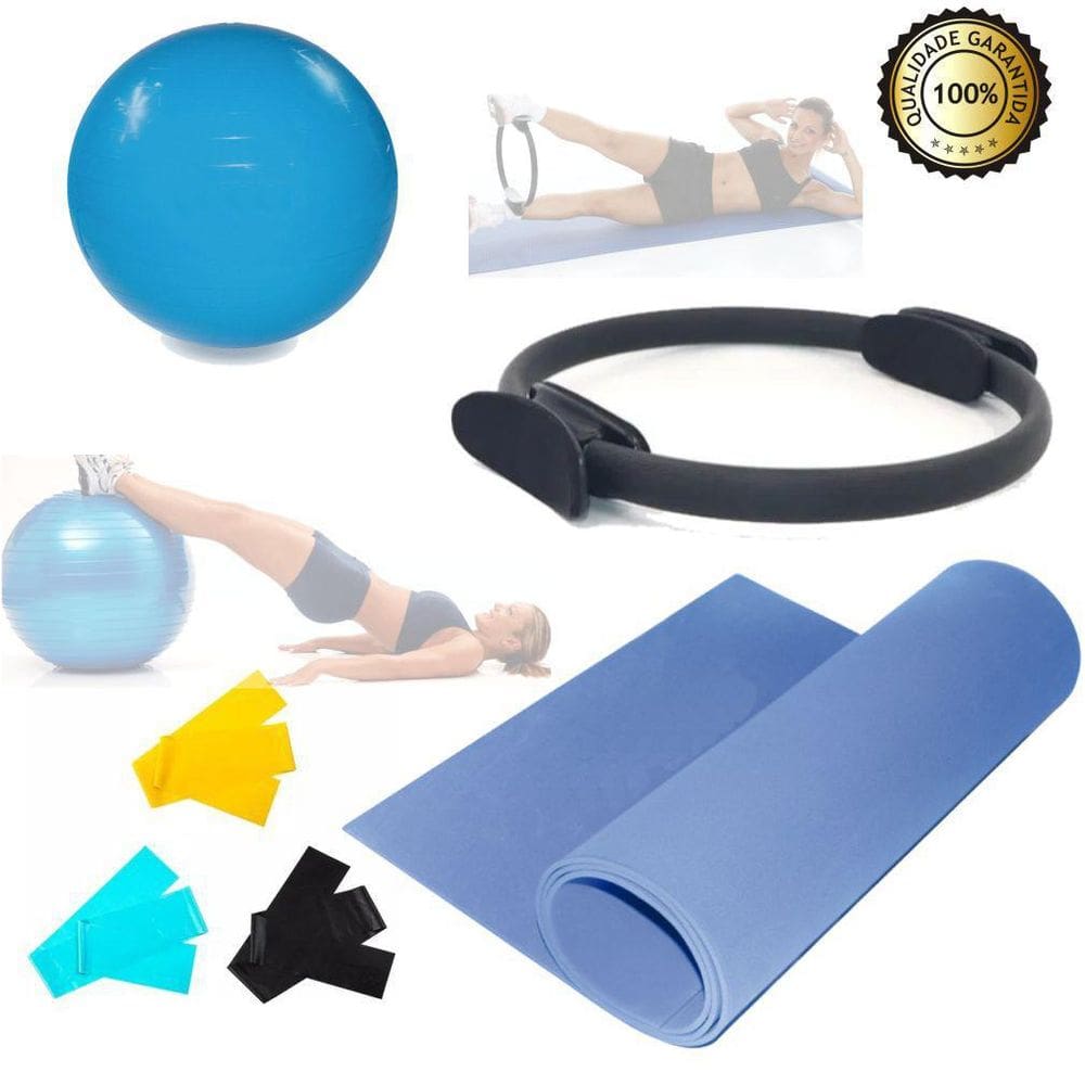 Kit Yoga Pilates Anel + Tapete 1,80 Azul + Bola 55Cm +Faixa