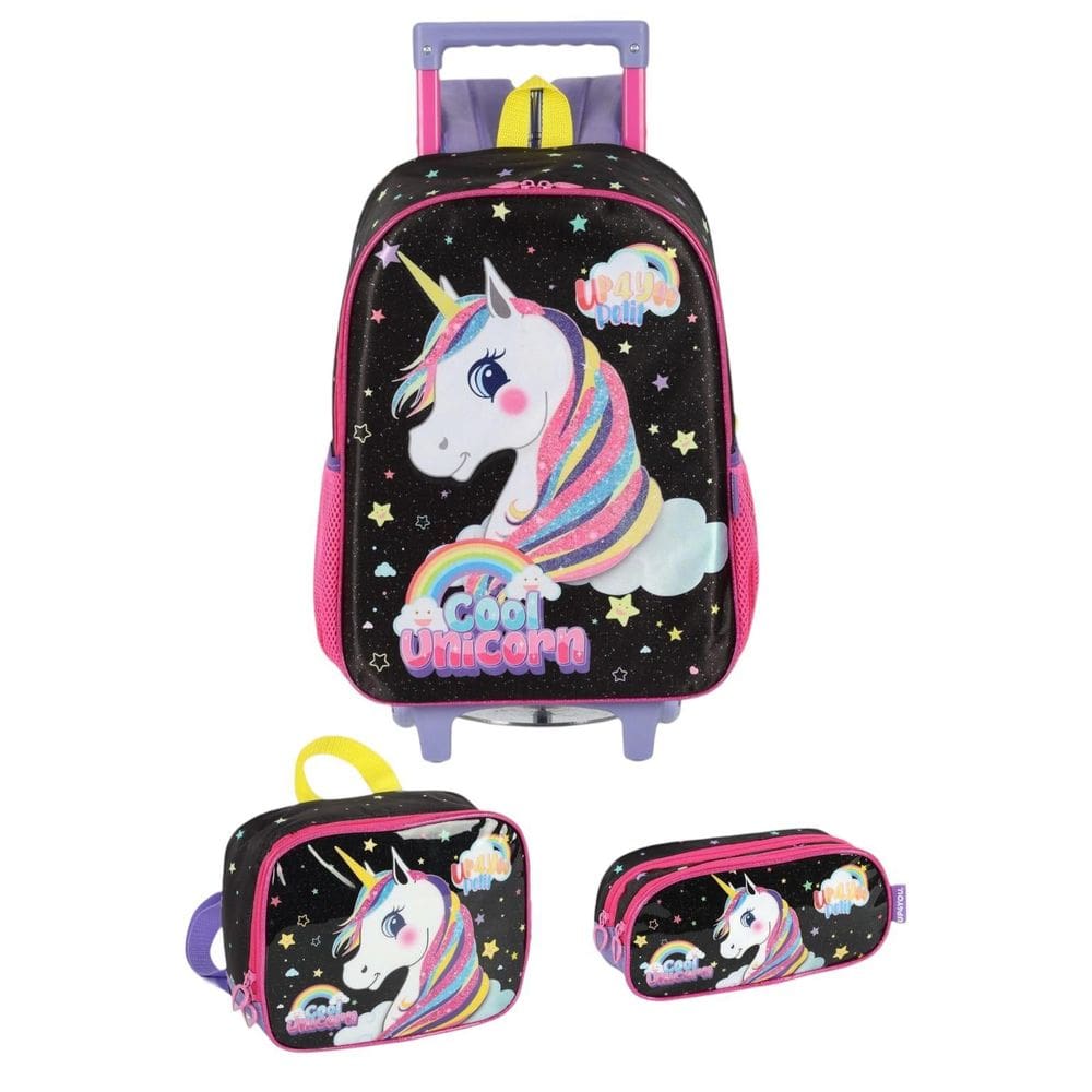 Kit Mochila Rodinha Juvenil Up4You Unicórnio + Estojo Duplo