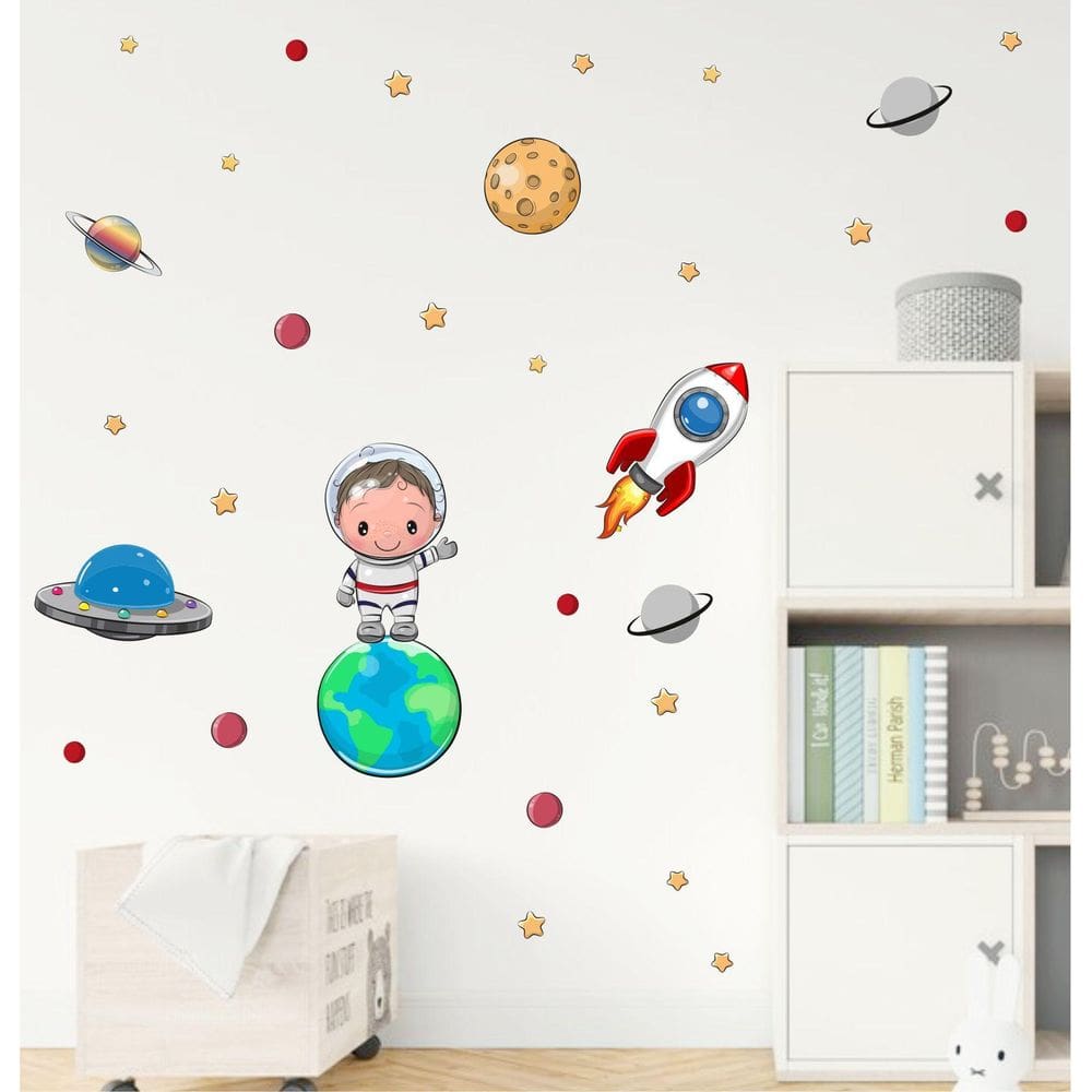 Adesivo De Parede Astronauta Cute Galáxia Foguete E Planeta