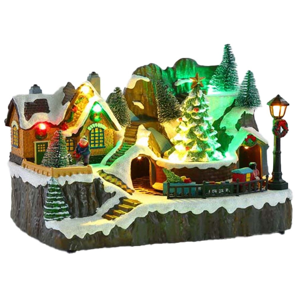 Cenário Natalino Vila Casa Árvores Movimento com Iluminação Trem Decoração Led Luz Natal