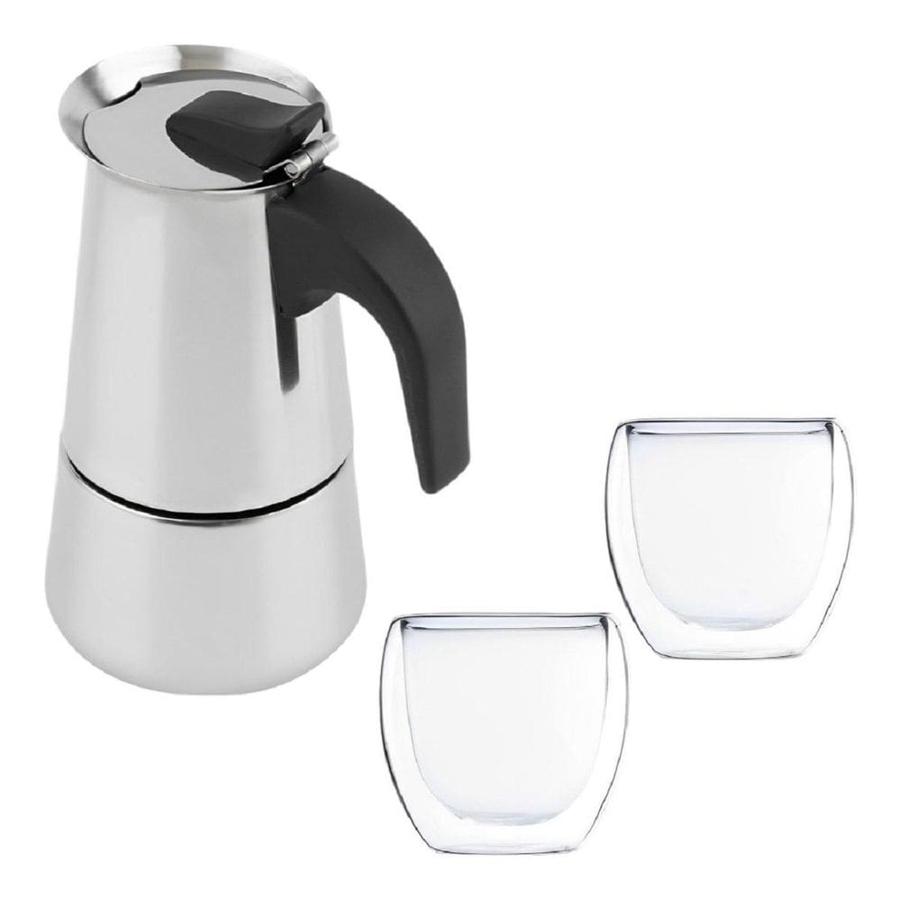 Cafeteira Italiana Moka 450Ml + 2 Copos Vidro Duplo 100Ml
