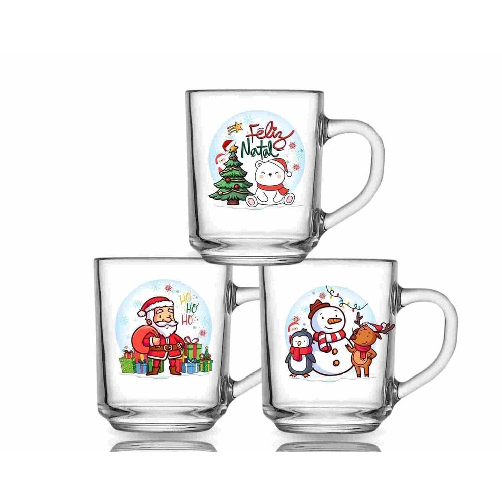 Kit 3 Canecas Natal 255Ml Vidro Personalizada Estampada Café