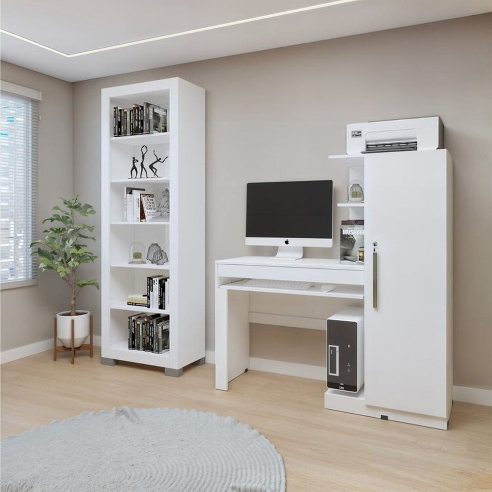 Conjunto Estante Flex 5 Prateleiras e Escrivaninha com 1 Porta Branco