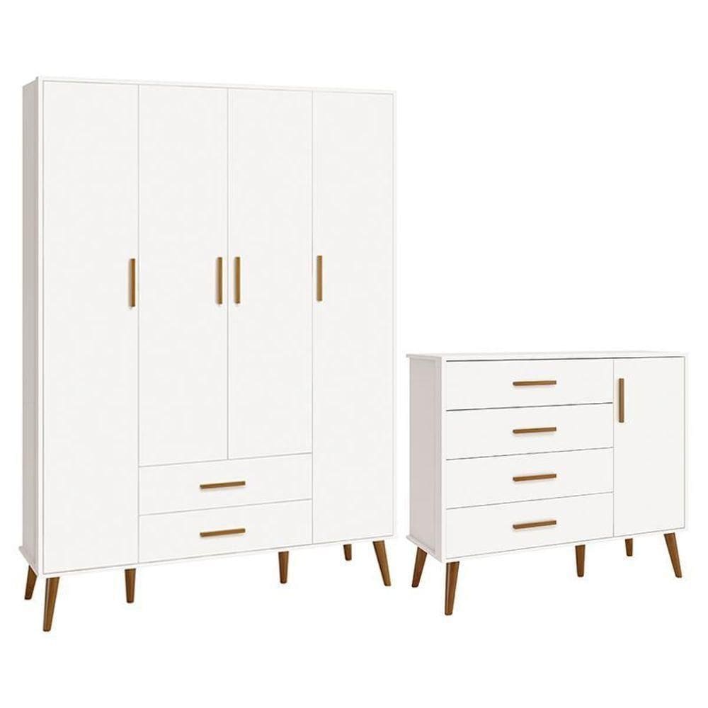 Jogo De Quarto Infantil Isis Guarda Roupa 4 Portas E Cômoda 1 Porta Branco - Reller Móveis Branco