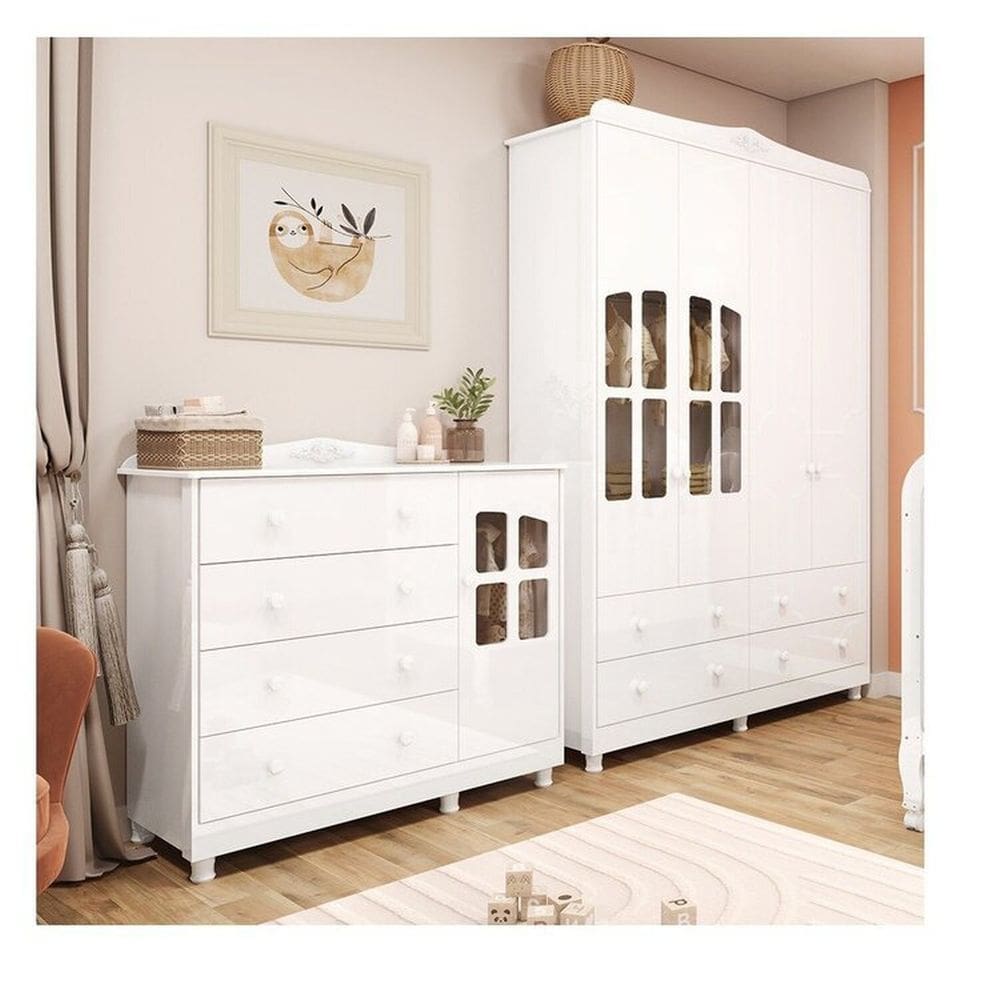 Quarto Infantil com Guarda-roupas e Cômoda com Janelas 100% Mdf Maya Clássico Espresso Móveis Branco Brilho