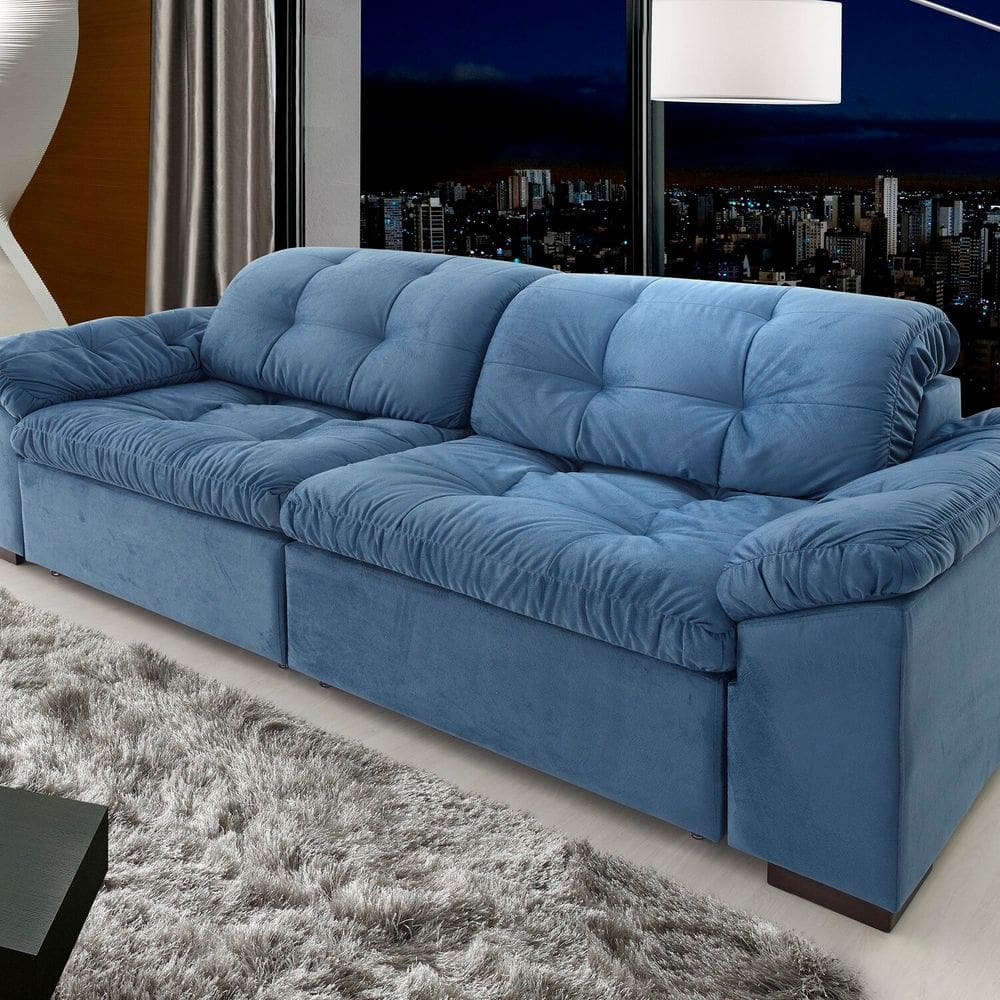 Sofá Retrátil e Reclinável 2 Lugares 220 Cm Pérola Veludo Azul