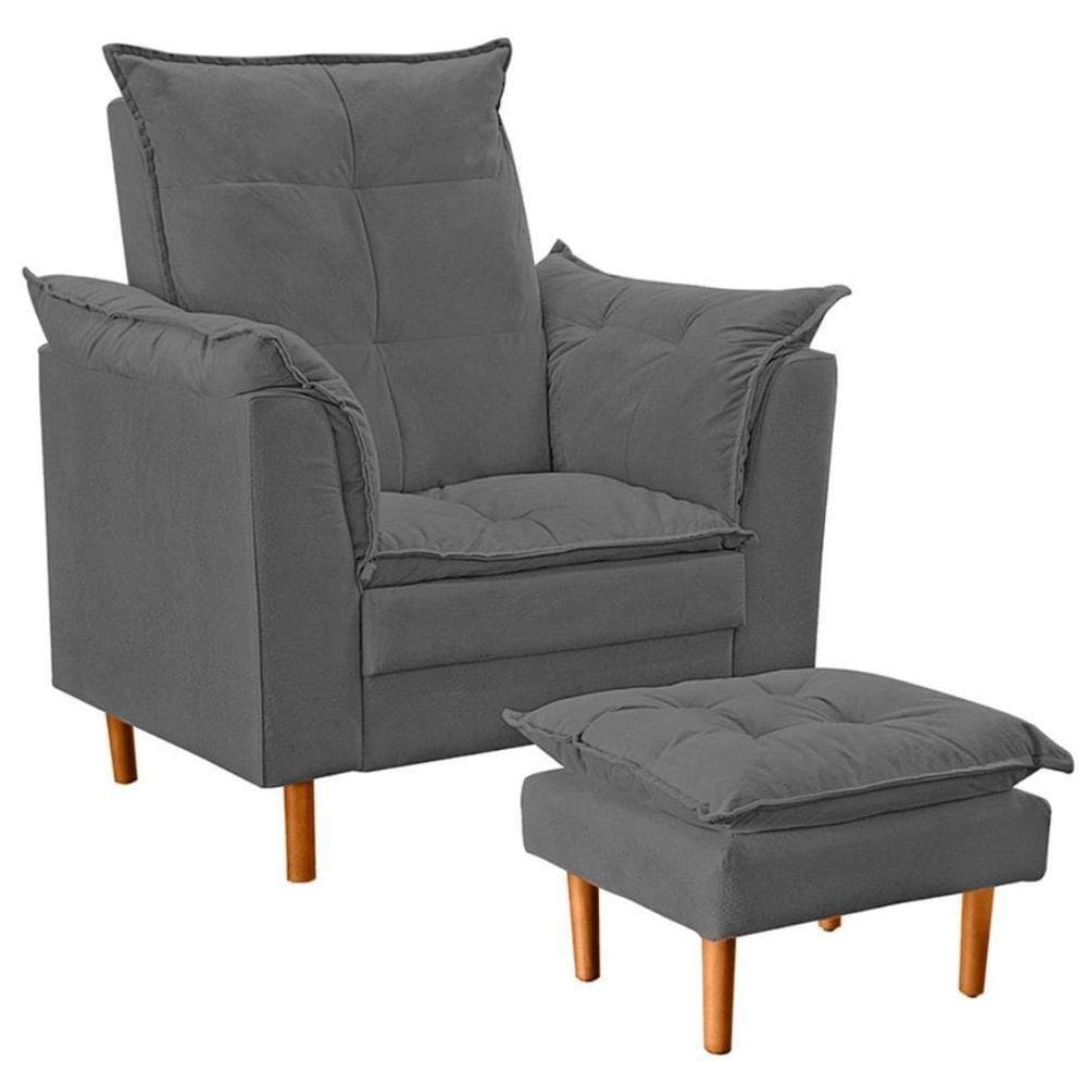Poltrona De Amamentação Com Puff Quarto Bebê Leticia Suede Cinza