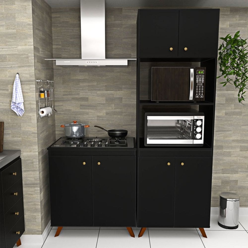 Conjunto Cozinha Modular Balcão Cooktop Torre Quente Preto