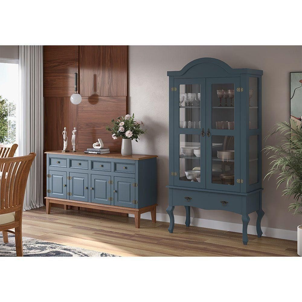Conjunto Cristaleira Luis Xv Alta Com Balcão 4 P E 4 G De Madeira Maciça E Mdf Azul Petróleo