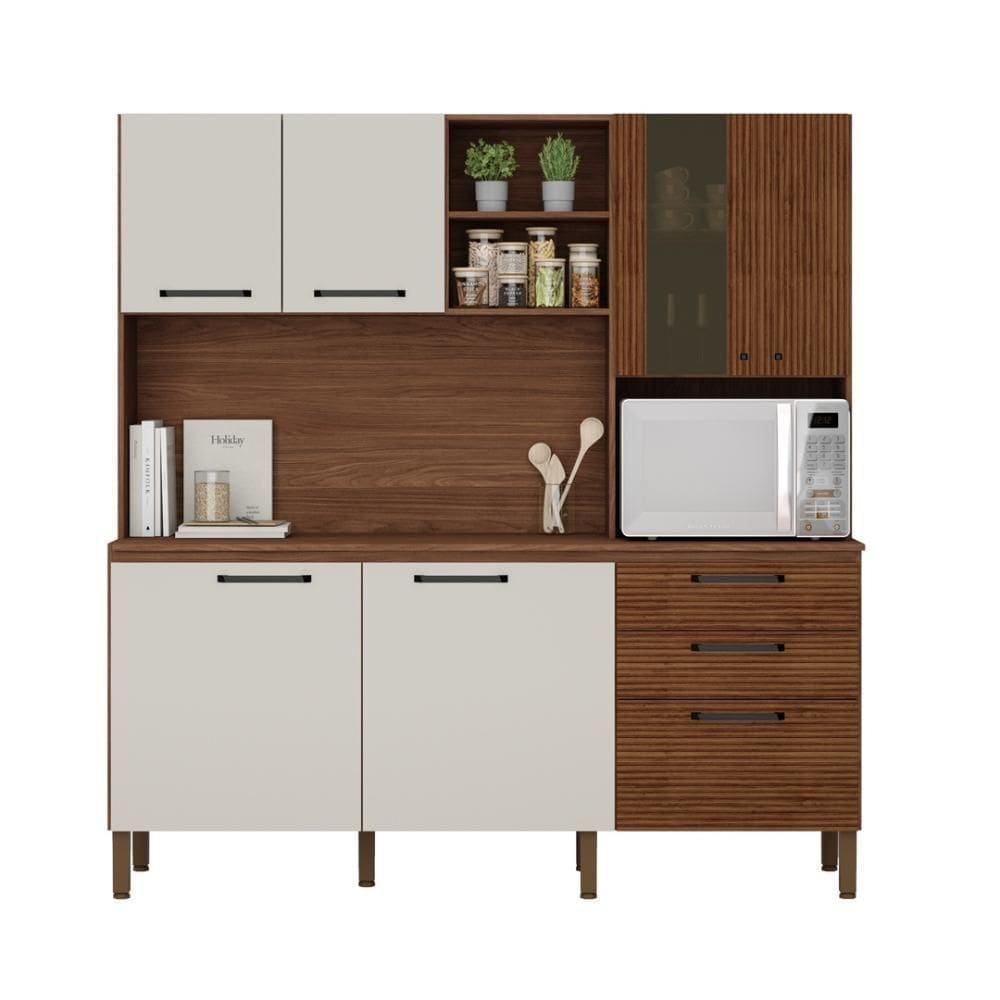 Armario De Cozinha Compacta 7 Portas 2 Gavetas Mega Nogueira off White ripado
