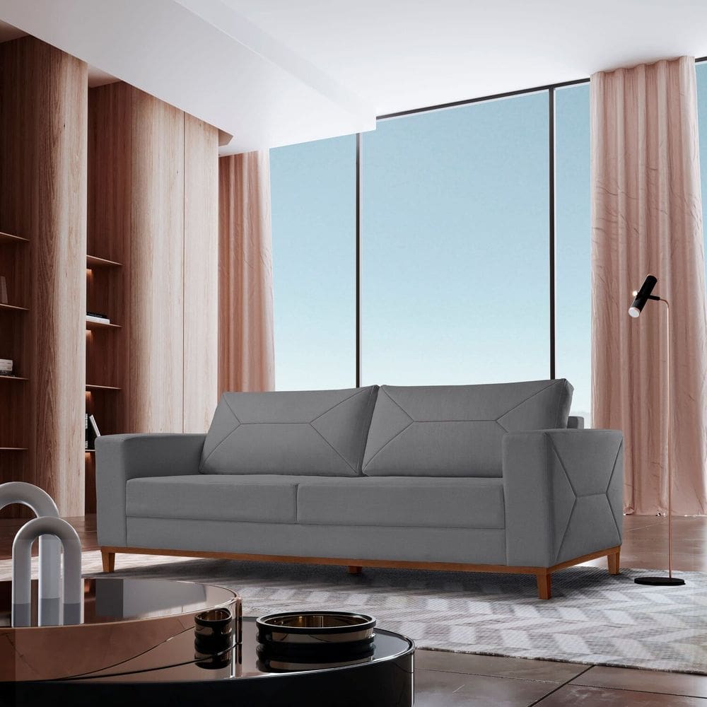 Sofá Fixo 3 Lugares Roma Veludo 180cm X 90cm X 85cm Cinza