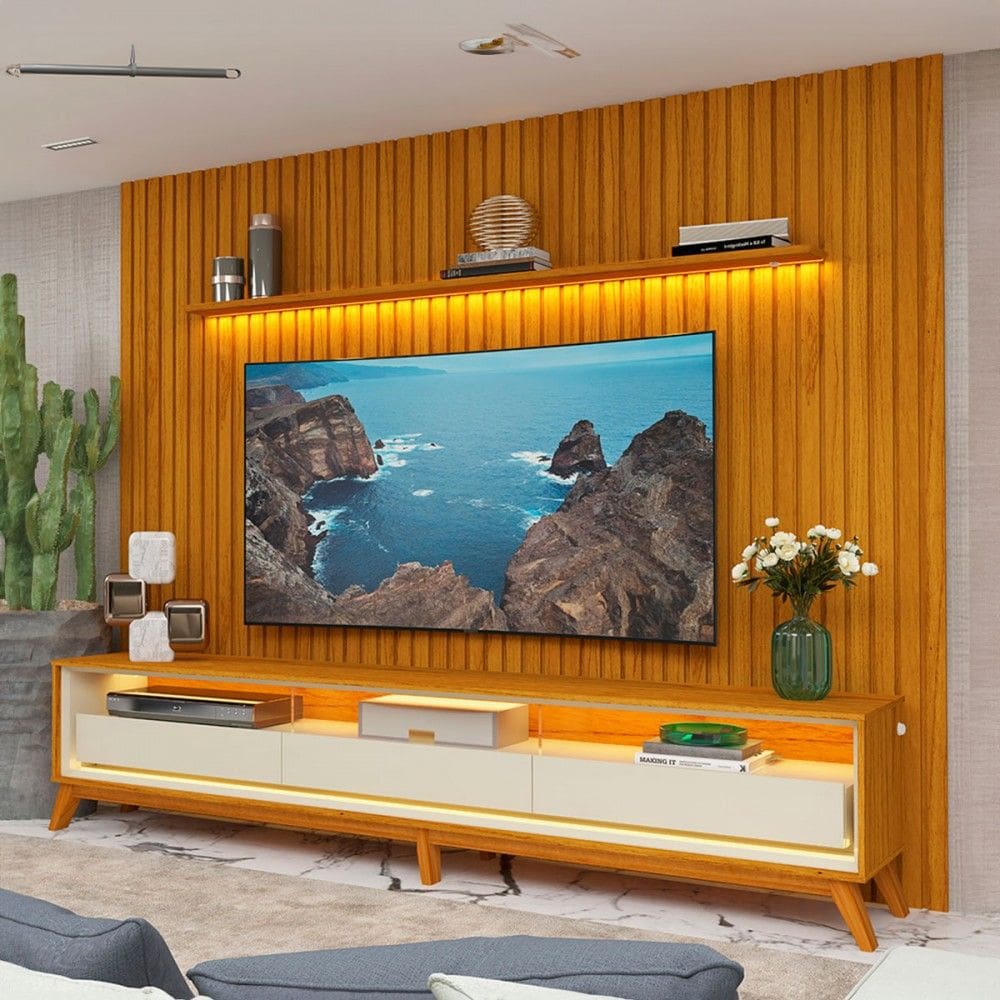 Rack com Painel para TV Até 85 Polegadas Nobre 3 Gavetas Ripado com Led 100% Mdf Naturalle/Off White - Gelius