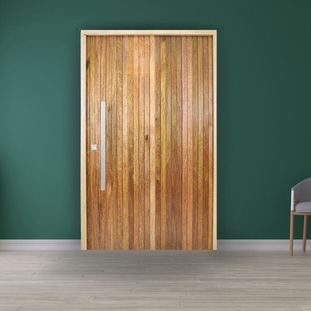 Porta Pivotante Ripada Cedro Batente 14 Puxador Barra Chata 102 X 210 Esquerdo Natural
