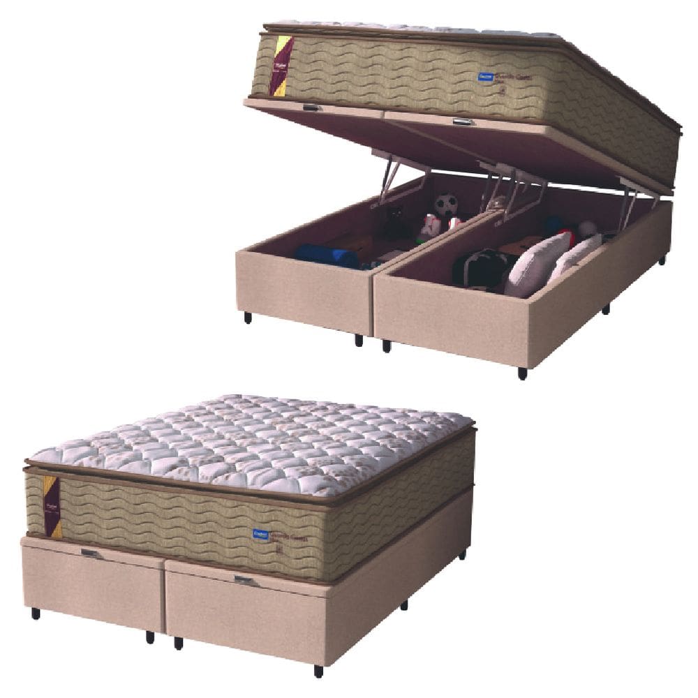 Cama Box Baú Casal King Colchão Molas Guarda Costas Max Com Pillow 193x203x81cm Suede Bege/Branco
