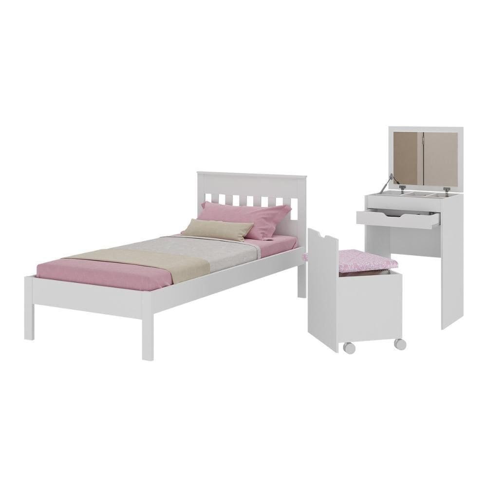 Cama De Solteiro Para Colchão 88 X 188 Cm Com Penteadeira 54cm E Puff Multimóveis CR40121 Branco