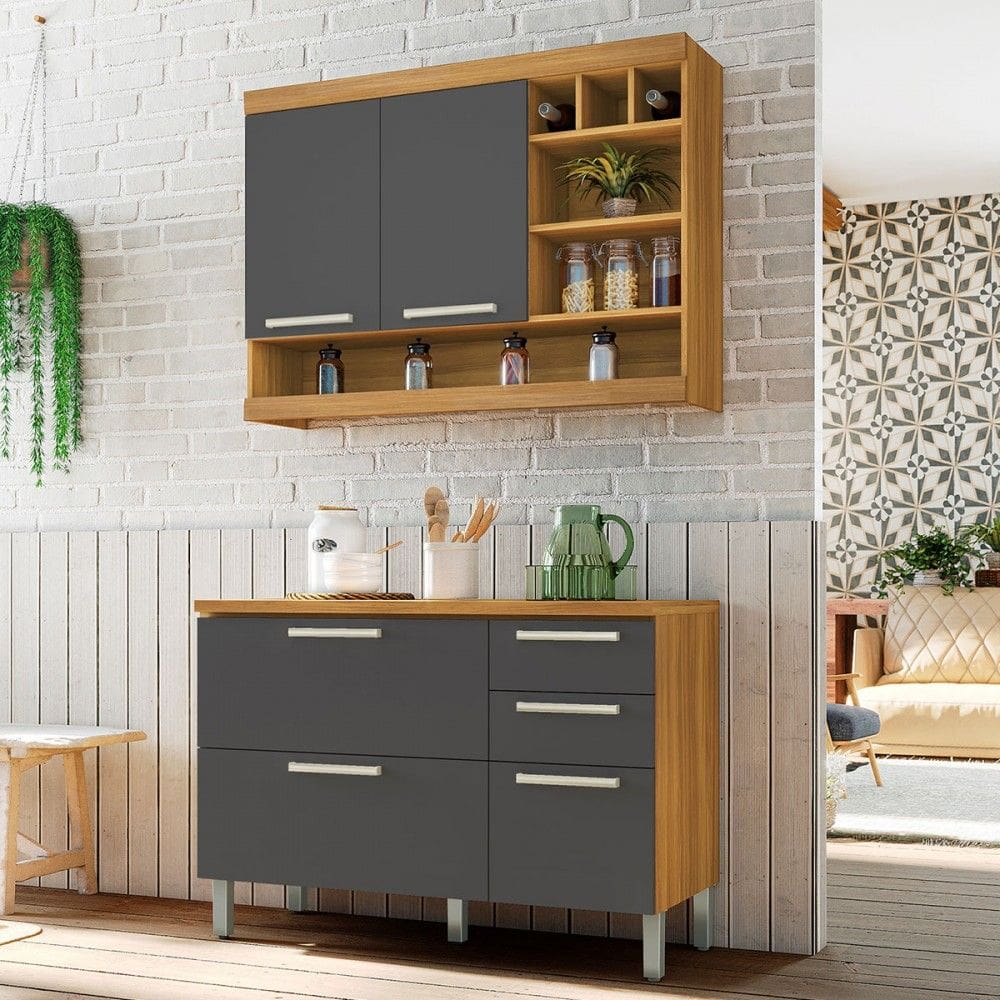 Cozinha Compacta Burguesa Premium 4 Portas 3 Gavetas 100% Mdf Amadeirado Freijó/Grafite - Nesher