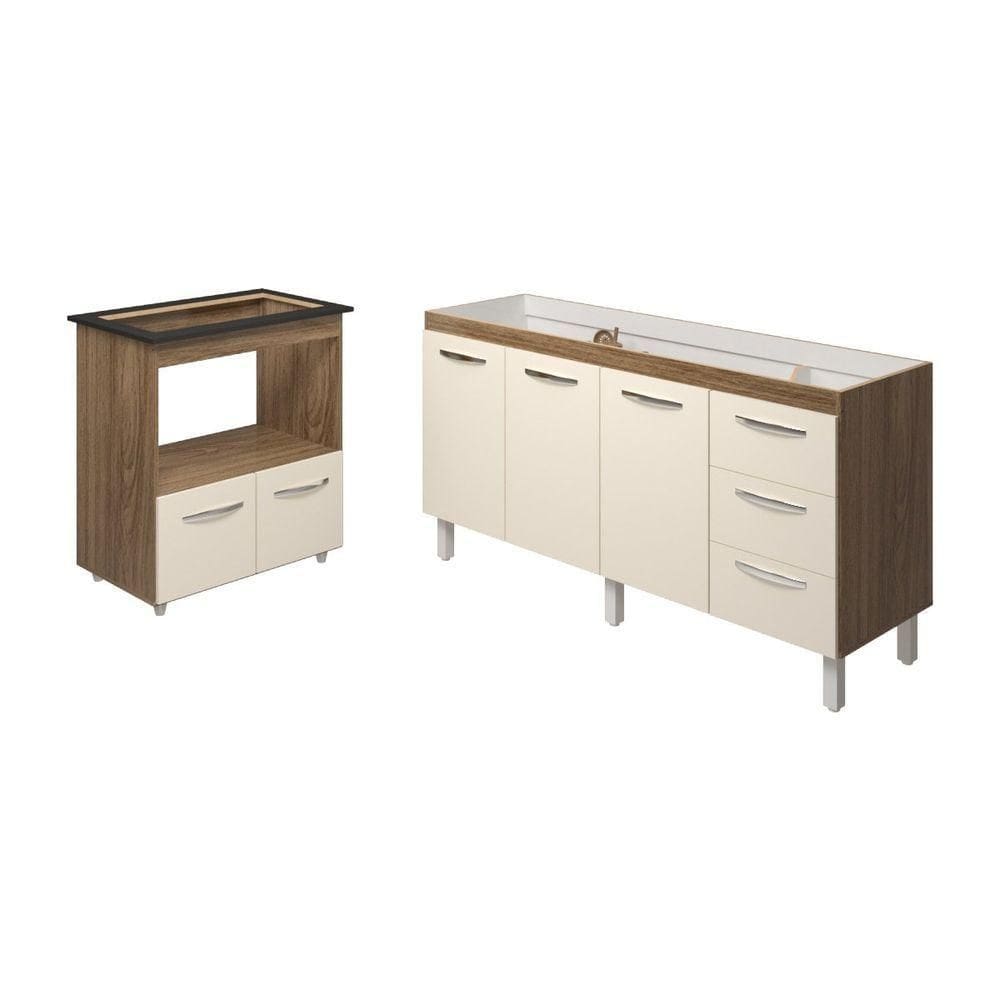 Cozinha Balcão Armário Gabinete De Pia 150 Cm Deise E Balcão Evelyn Para Fogão Cooktop 5 Bocas Savana Off White