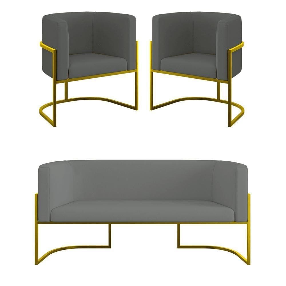 Kit Sofá 2 Lugares + 2 Poltronas Recepção Veludo Dourado Cinza