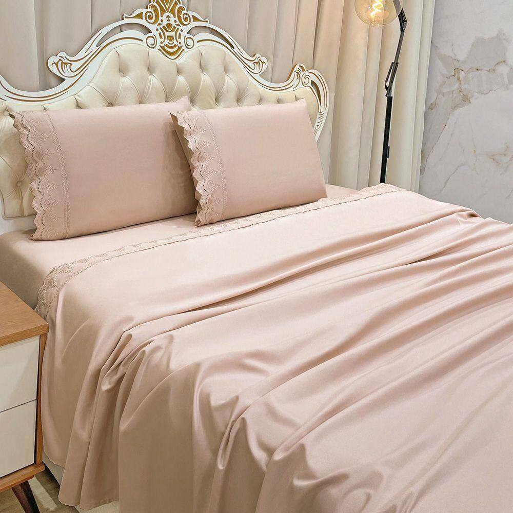 Jogo de Cama Lençol Realce Casal 4 Peças Percal 300 Fios Bordado Inglês Macio - Rosê