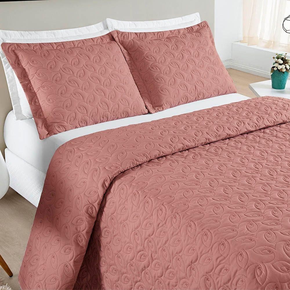 Kit Cobre Leito Colcha Tendência Casal 3 Peças Micropercal 200 Fios Bordado Premium - Rosê