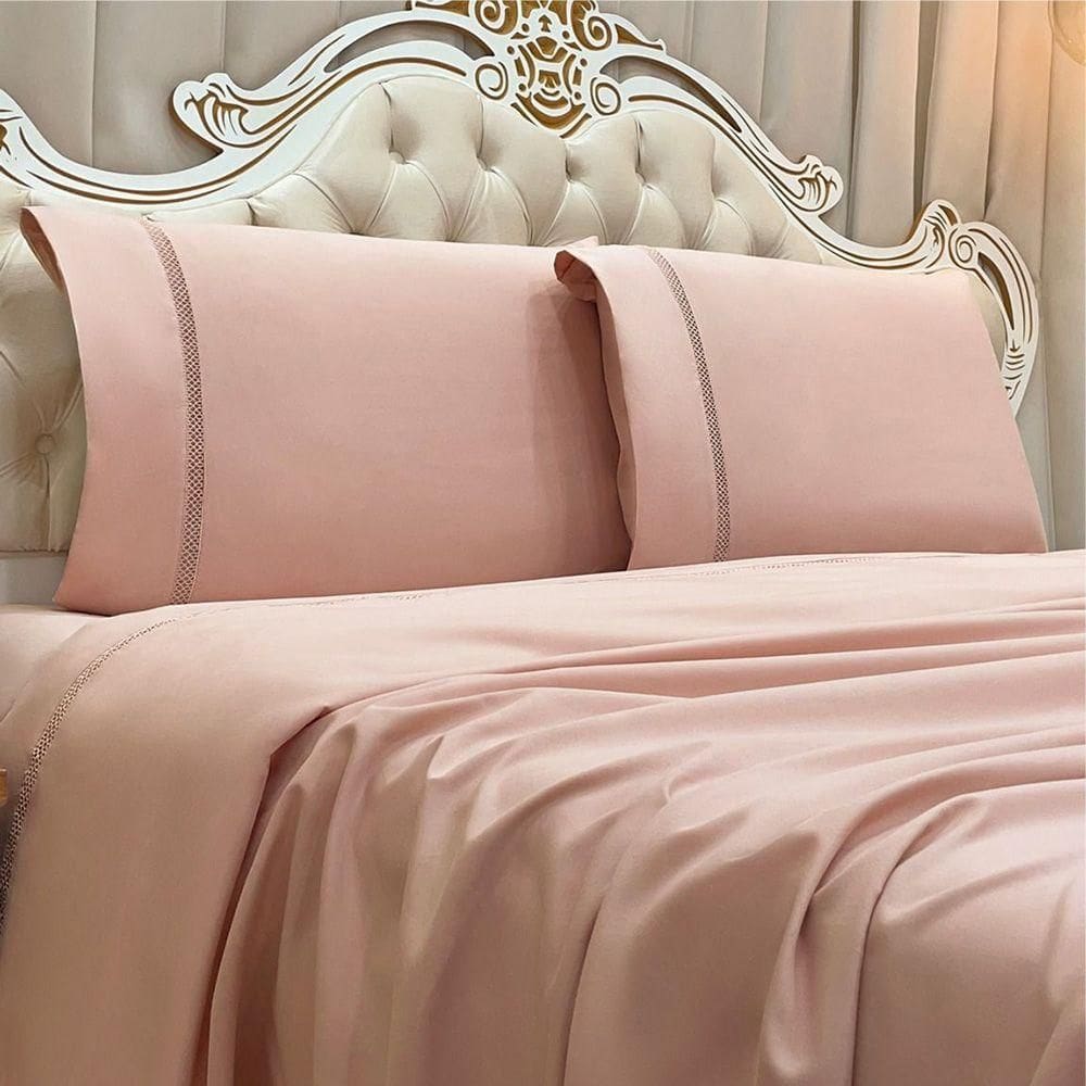 Jogo de Cama Lençol Stella Casal 4 Peças Percal 300 Fios Ponto Infinito Macio - Rosê
