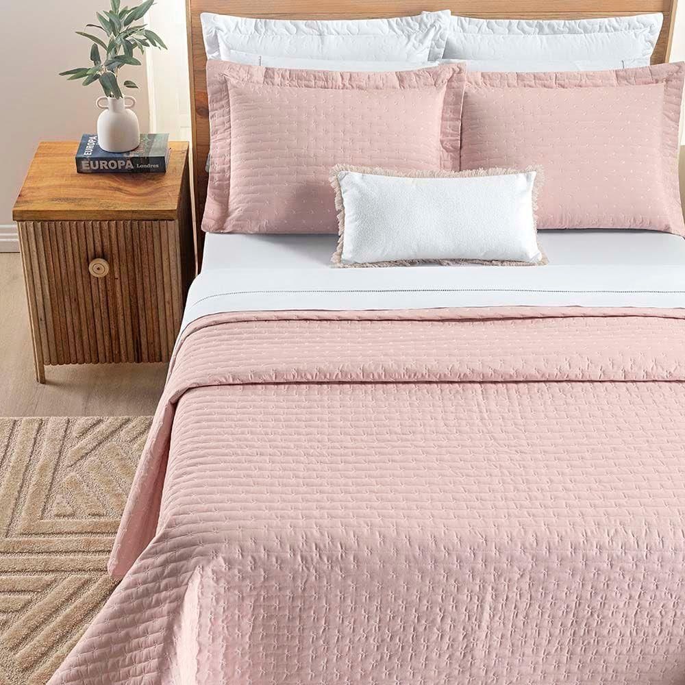 Kit Cobre Leito Colcha Quality Queen 3 Peças Percale 200 Fios Bordado - Rosa