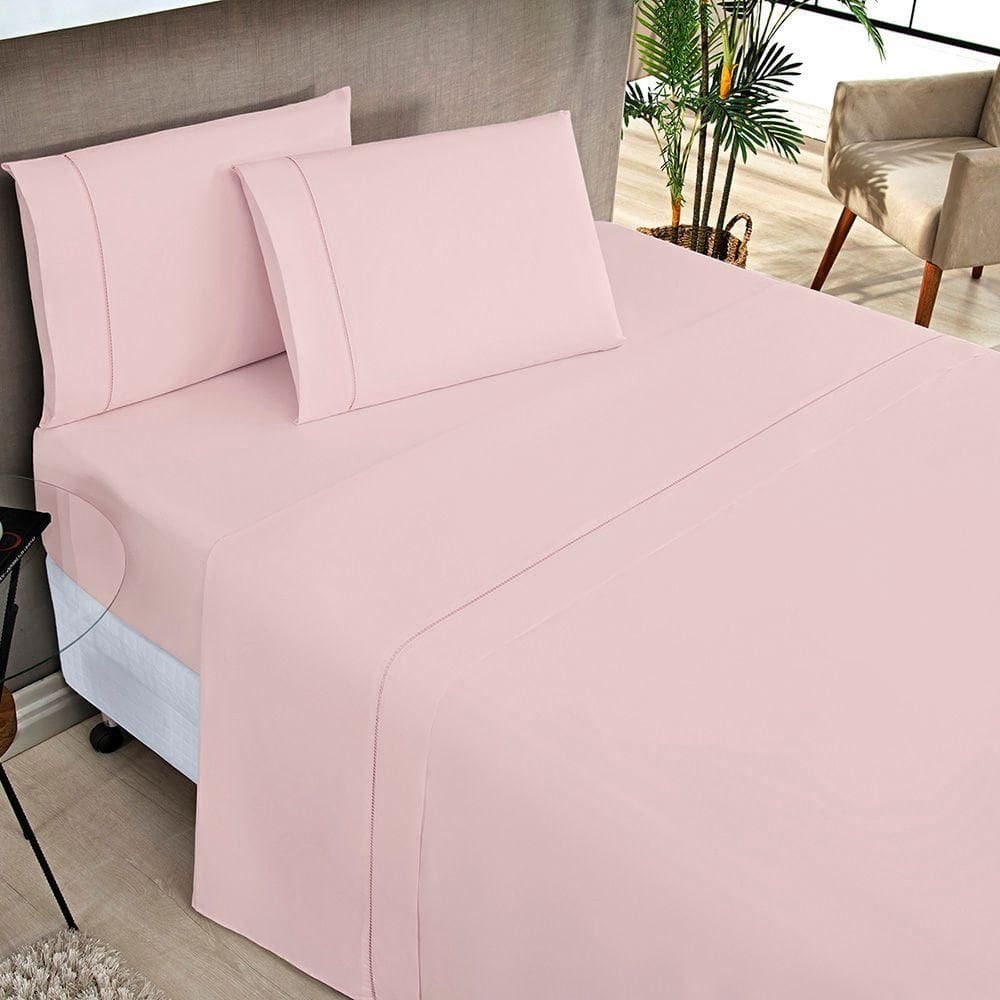 Jogo de Cama Lençol Milano Casal 4 Peças Percal 200 Fios Ponto Palito Classic - Rosa
