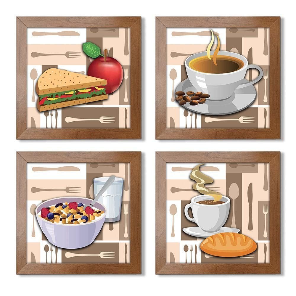 Quadro Decorativo Cozinha Café Manhã Padaria 20X20Cm Kit 4Un Titulo Moldura Ocre